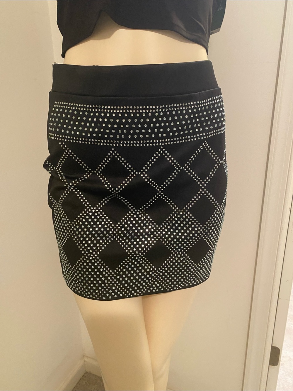 Black Embellished Mini Skirt - Studded Diamond Pattern